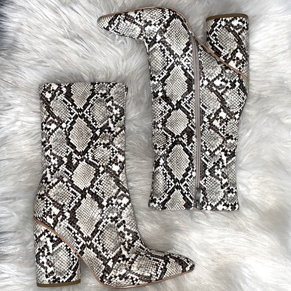 PrettyLittleThing snakeskin faux leather calf-high boots. Size 7